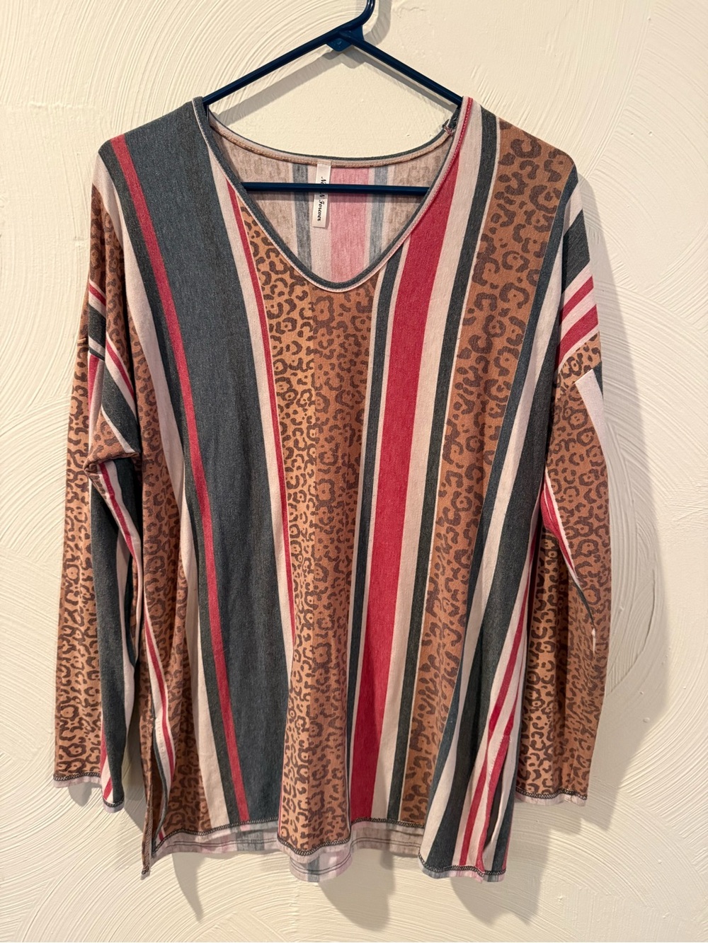 Striped & Leopard-Panel Long Sleeve Top - Brown Multi